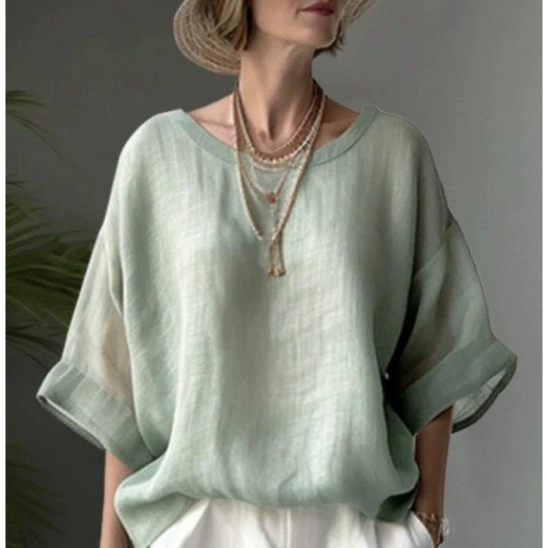 Solid Linen Blend Loose Fit Round Neck Oversized Shirt For Women