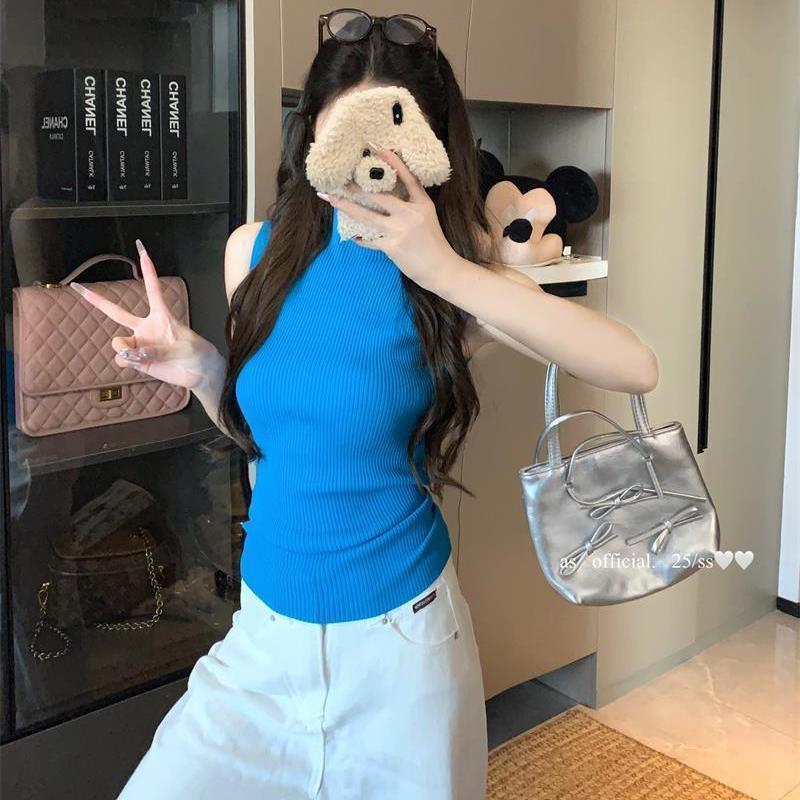 

Элегантный вязаный жилет с высоким воротником, женская летняя мода, универсальный облегающий базовый топ XL