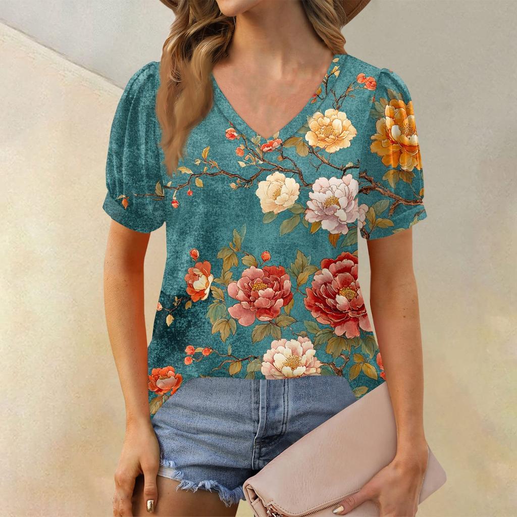 Damenmode Blumendruck Top Puff Kurzarm V-Ausschnitt T-Shirt Lose Casual T-Shirt