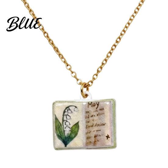 Stylish Women Necklace Birth Flower Necklace Floral Book Pendant January