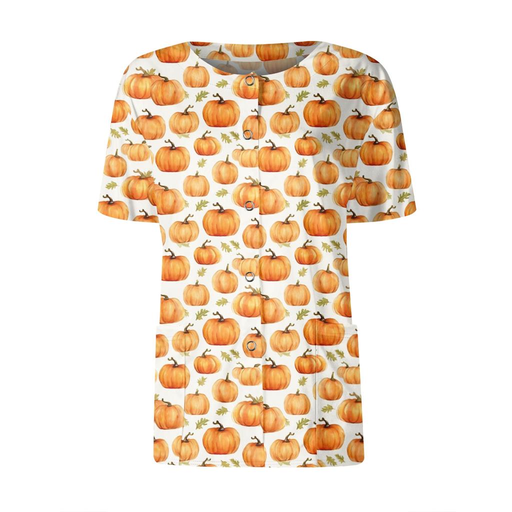 Women's Short Sleeved Patterned Pockets, Work Print Stand Up Collar, Single Breasted Protective Clothing, Cardigan Jacket, Top