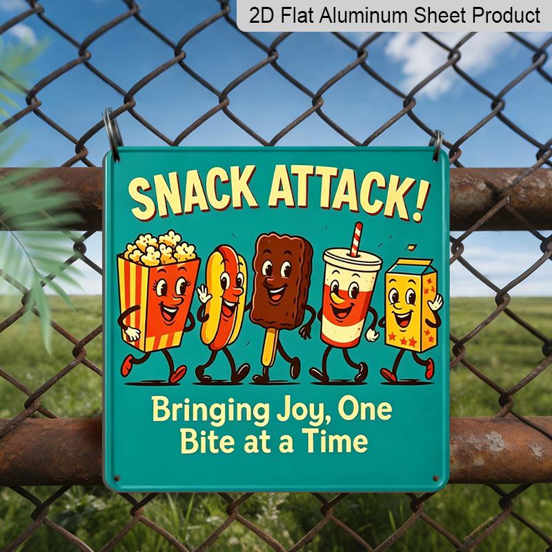 

2D Flat, 1pc Vintage Metal Aluminum Sign - Humorous Snack Attack Wall Art with Cartoon Hot Dogs & Beverages, Retro Kitchen Decor for Home, Cafe 20*20cm