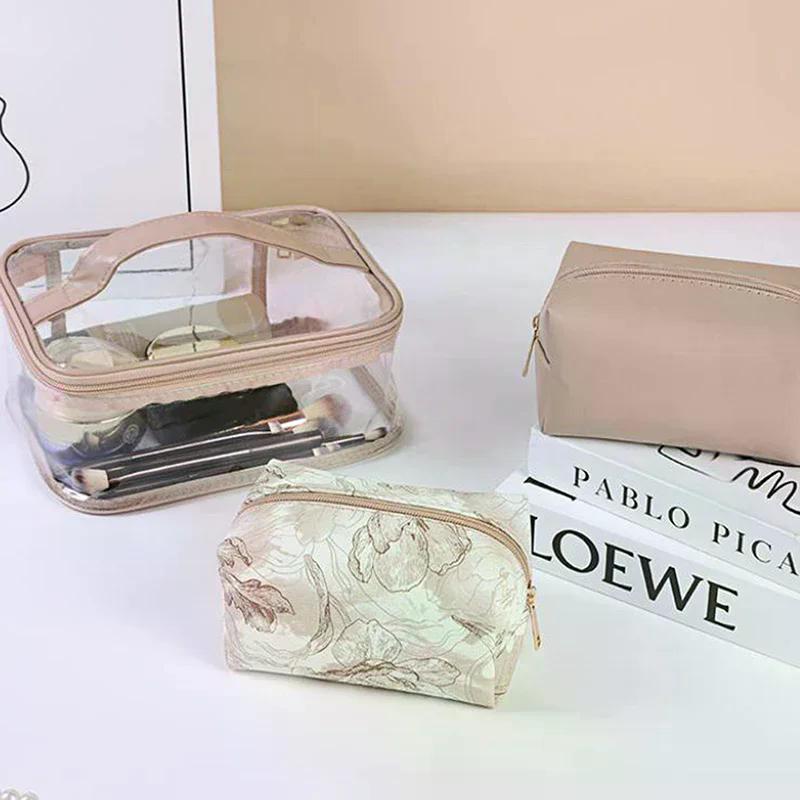 Floral Print Transparent Toiletry Bag 3-Pack Large-Capacity Handheld Makeup Storage Pouch for Women Travel
