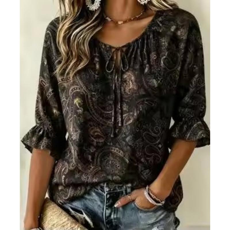 Women's Brown Lace Floral Print Tie Front Blouse, Casual Loose Top for Spring Summer Daily Wear