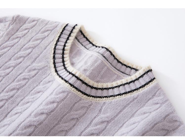 Women's Cashmere Color Block Short Sleeve Round Neck Loose Cable Knit Sweater