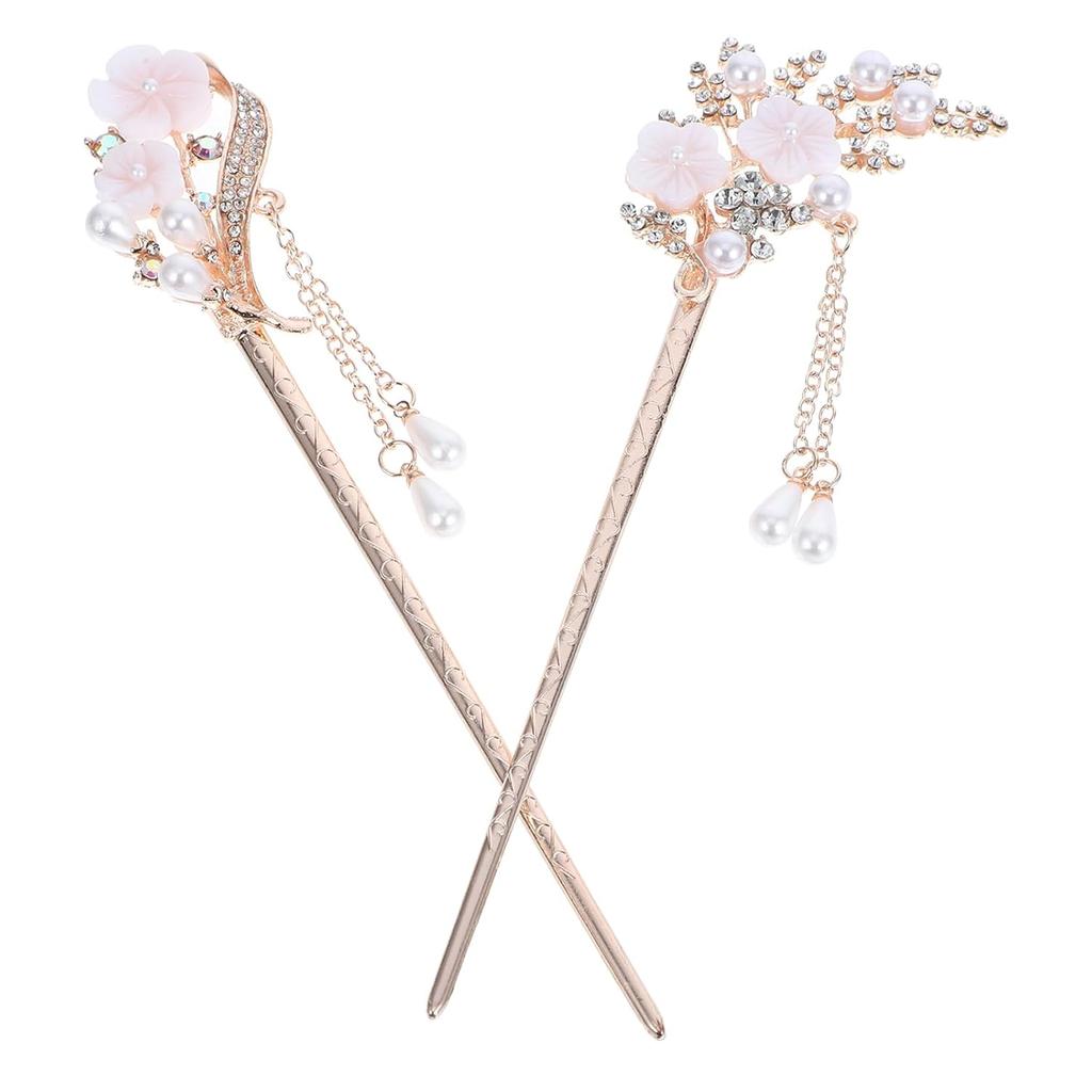 2 Pcs Rhinestone Pearl Flower Hair Stick Chinese Hair Chopsticks Vintage Tassel Hair Pin Chignon Pin Hair Styling Making Accessories for Women