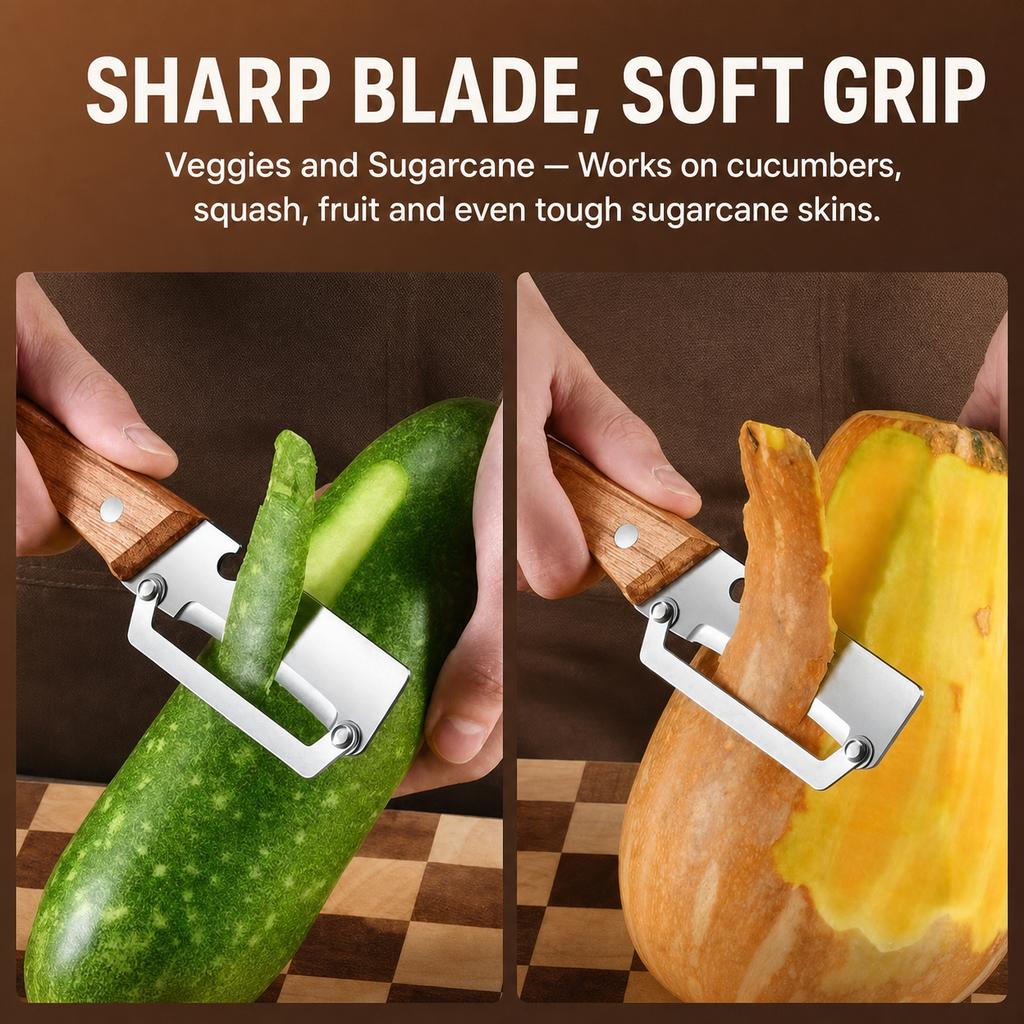 Wooden Handle Vegetable Peeler with Bottle Opener, Stainless Steel Swing Blade for Fruit, Veggies and Sugarcane