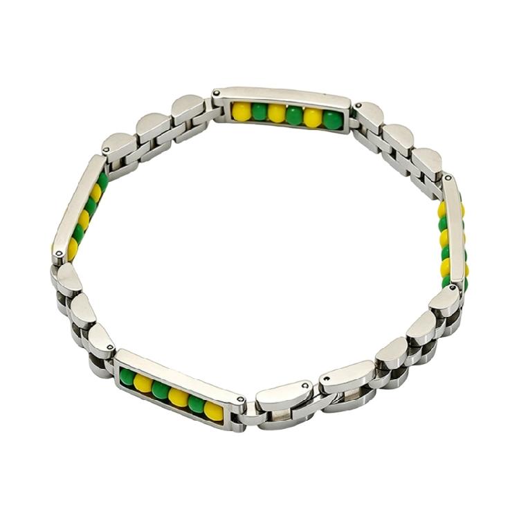 Casual Outfit Beaded Bracelet, Stainless Steel Tone Link Wrist Bangle with Green Yellow Rectangular Bead Inlays