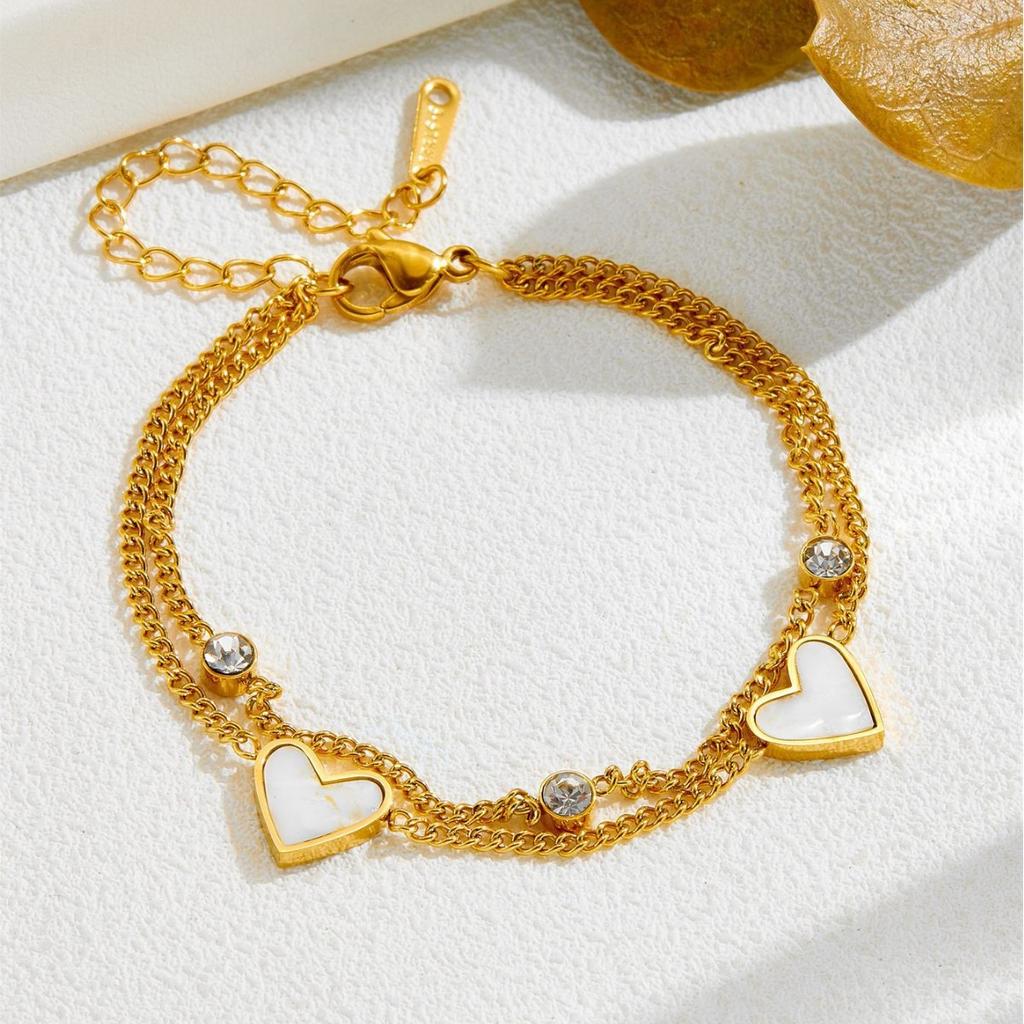 Stainless Steel Gold-Plated Double-Layer Heart Bracelet French Retro White Mother of Pearl Minimalist Luxury Jewelry