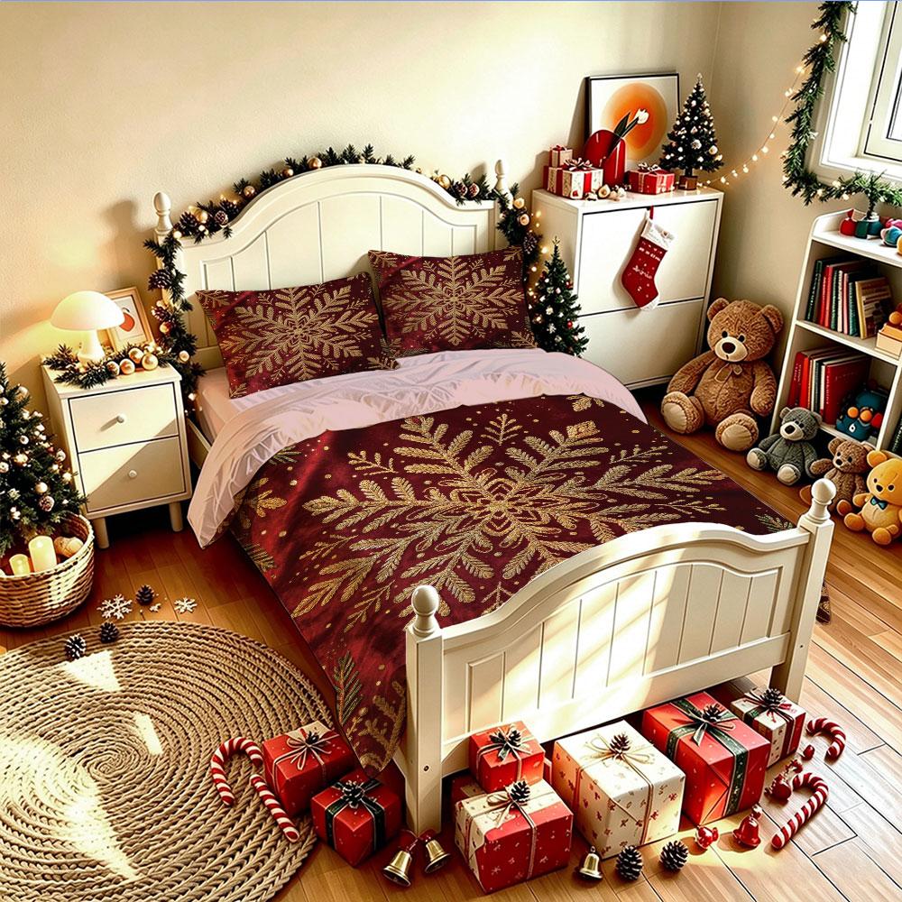 Christmas Duvet Cover Set 3Pcs Gold Snowflake Red Background Print Soft Microfiber Bedding with Pillowcases Decor