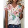 Kurzärmeliges V-Ausschnitt-T-Shirt mit Blumenmuster, lässige Oberteile für Frühling und Sommer, Damenbekleidung