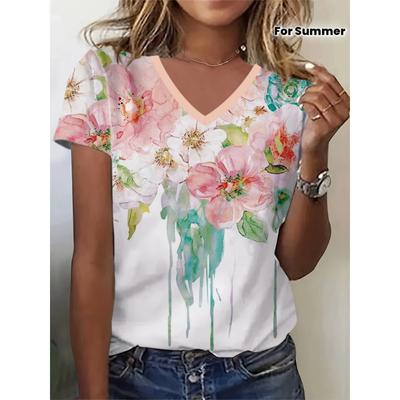 Short-sleeved Floral Print V-neck T-shirt, Spring and Summer Casual Tops, Women's Clothing