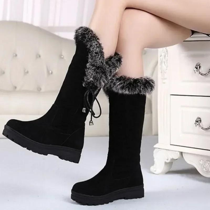 Mid Calf Shoes for Women Elegant With Low Heels Black Anti Skid Hot Quality Womens Half High Snow Boots on Slip Spring 2025 Lamb