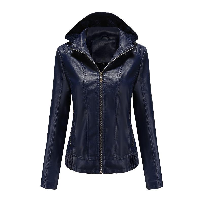Herbst- und Winter-Lederjacke mit Kapuze für Damen, abnehmbare Kapuze, Reißverschluss, lange Ärmel, Fleece-Lederjacke, Slim-Jacke