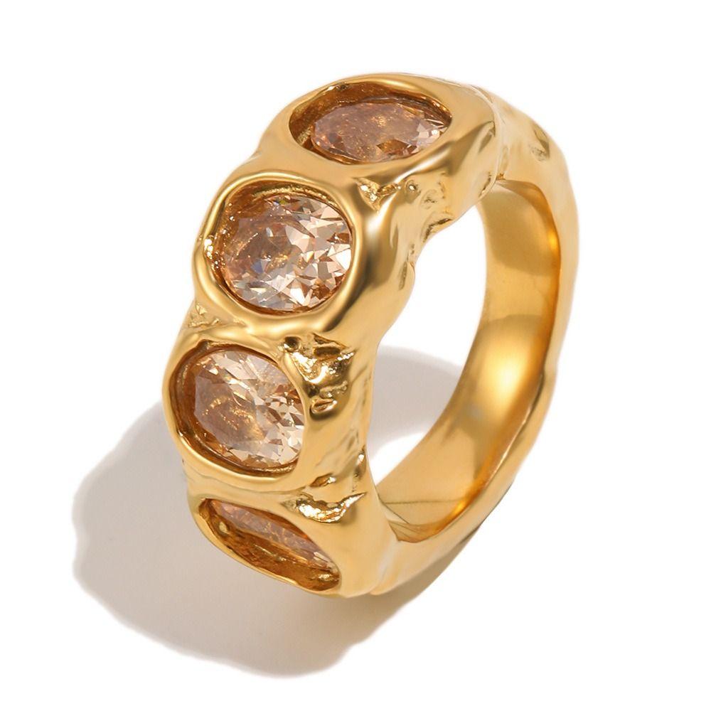 Hammered Finish Oval Zircon Ring Oval Cut Gold Plated Band Elegant Stainless Steel Ring  for Women