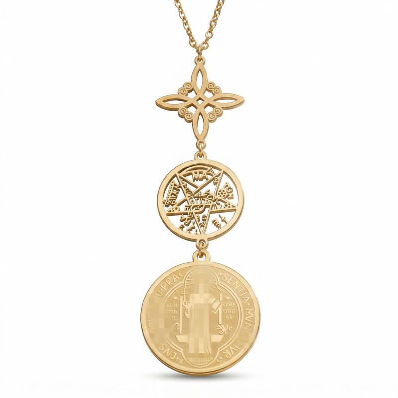 Collier pendentif double face en acier inoxydable Saint Benoît et Nœud de Sorcière