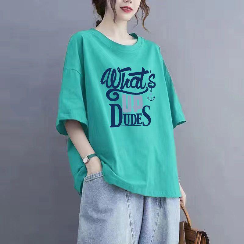 Tops Women Cotton Summer Large Size T-shirt Polo Neck Loose Printed Casual Pullover T-shirt Top