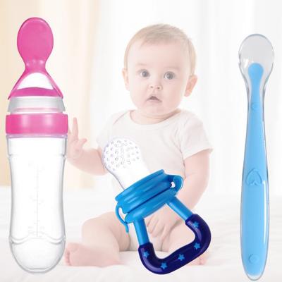 Conjunto para Alimentação de Bebê – Alimentador de Frutas, Mamadeira com Colher Alimentadora e Colher de Alimentação de Silicone (Pacote de 3)