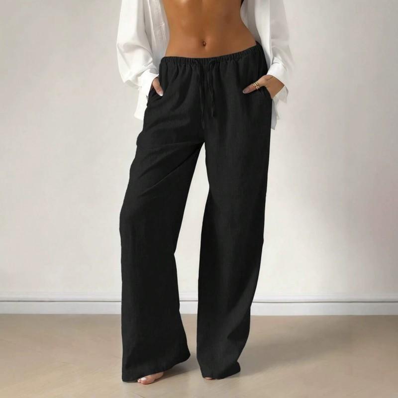 2026 Womens Casual Wide Leg Pants Loose Fit Drawstring Straight Trousers