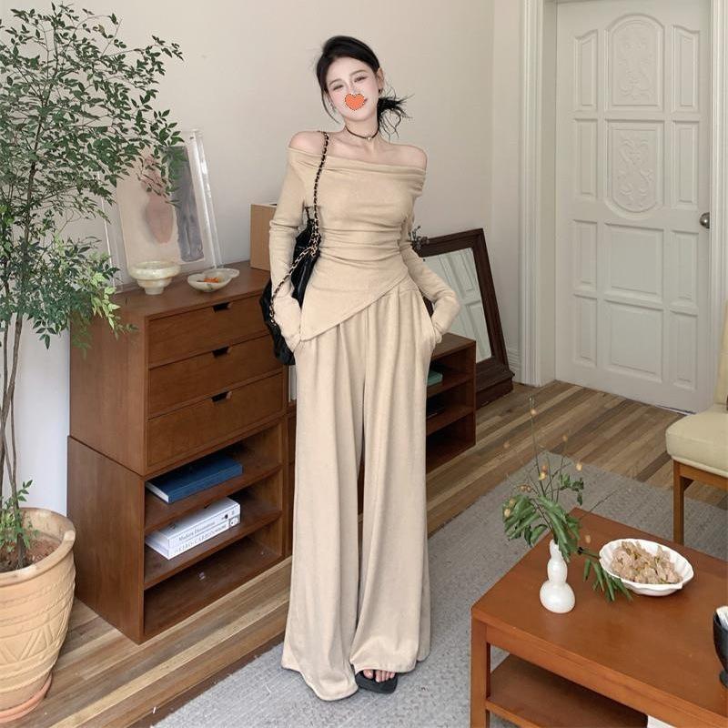 Premium temperament suit, one-word shoulder long-sleeved top, spring and autumn lazy style wide-leg pants, irregular two-piece suit for women