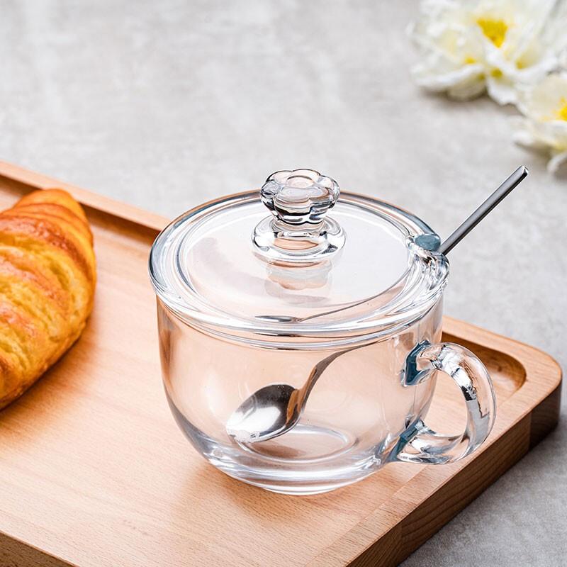 Cow Print Glass Drinking Mug with Lid & Spoon
