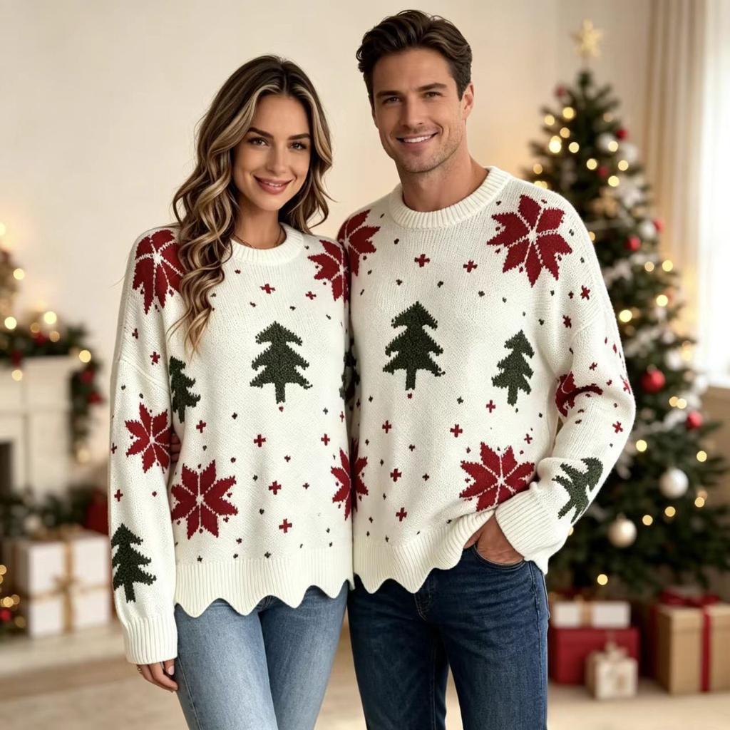 Women's winter new Christmas jacquard loose casual crew neck knitted sweater for men and women