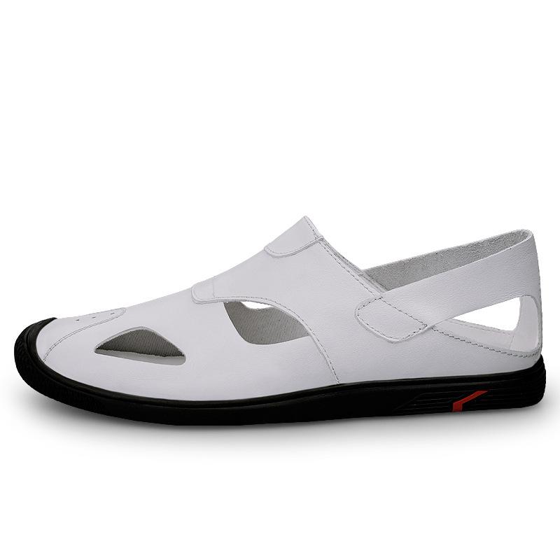 

Мужские сандалии из коровьей кожи, дышащие туфли-баотоу с отверстиями, повседневная пляжная обувь на мягкой подошве, крутые кожаные туфли для вождения, тренд 46 белый