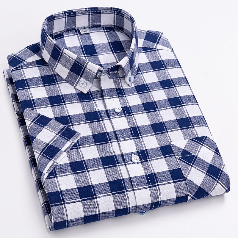 Men Oxford Short Sleeve Summer Plaid Shirts 100% Cotton Breathable  Striped Male Clothes Business Regular Fit Short Shirts