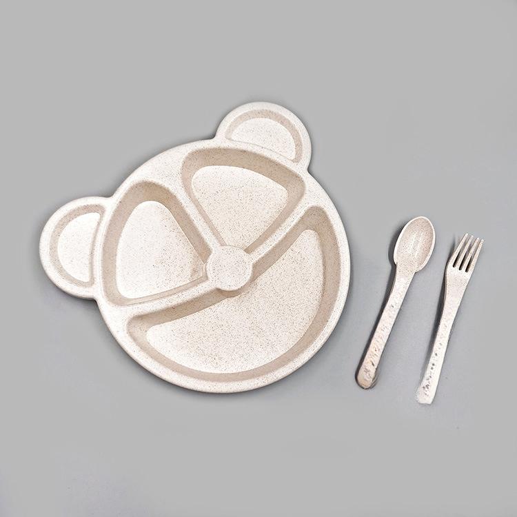 Wheat Bear Children's Plate Set 3-piece Cartoon Tableware Students Divided Breakfast Plate Delivery Spork