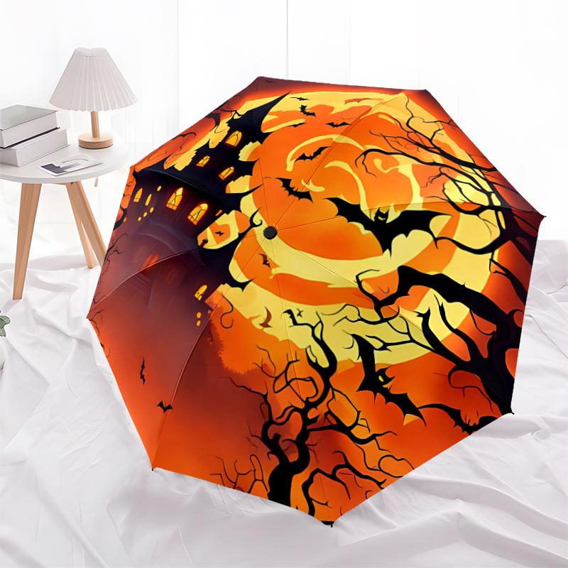 1pc Halloween HauntedHouse Automatic Umbrella - 8-Rib Portable Folding Black Iron Frame for Outdoor, Beach,Travel, Beach Umbrella,