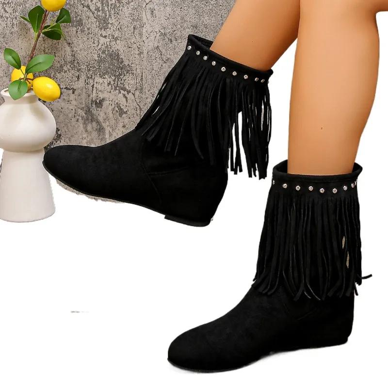 Tassel Low Heel Flat with Modern Boots Zip Round Toe Solid Female Shoes on Sale 2025 Fashion Spring/autumn New Women's Boots