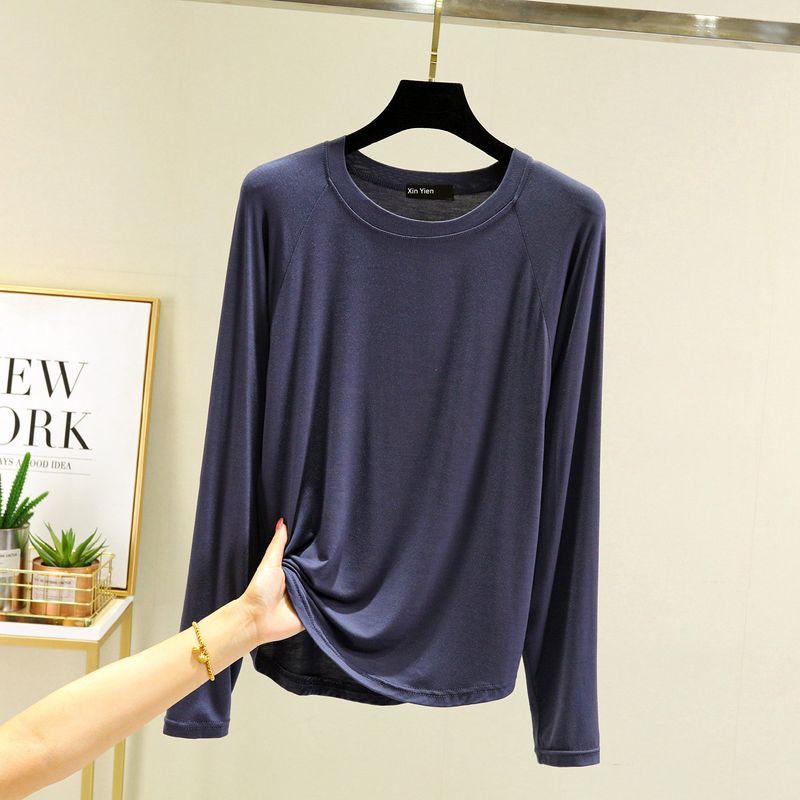 

Modal Long Sleeves T-shirt Women s Autumn Inner Match Slimming round Neck Thin Tops Plus Size Loose Easiest for Match Pure Color Bottoming Shirt Navy 2XL (75.00 kg-85.00 kg recommended