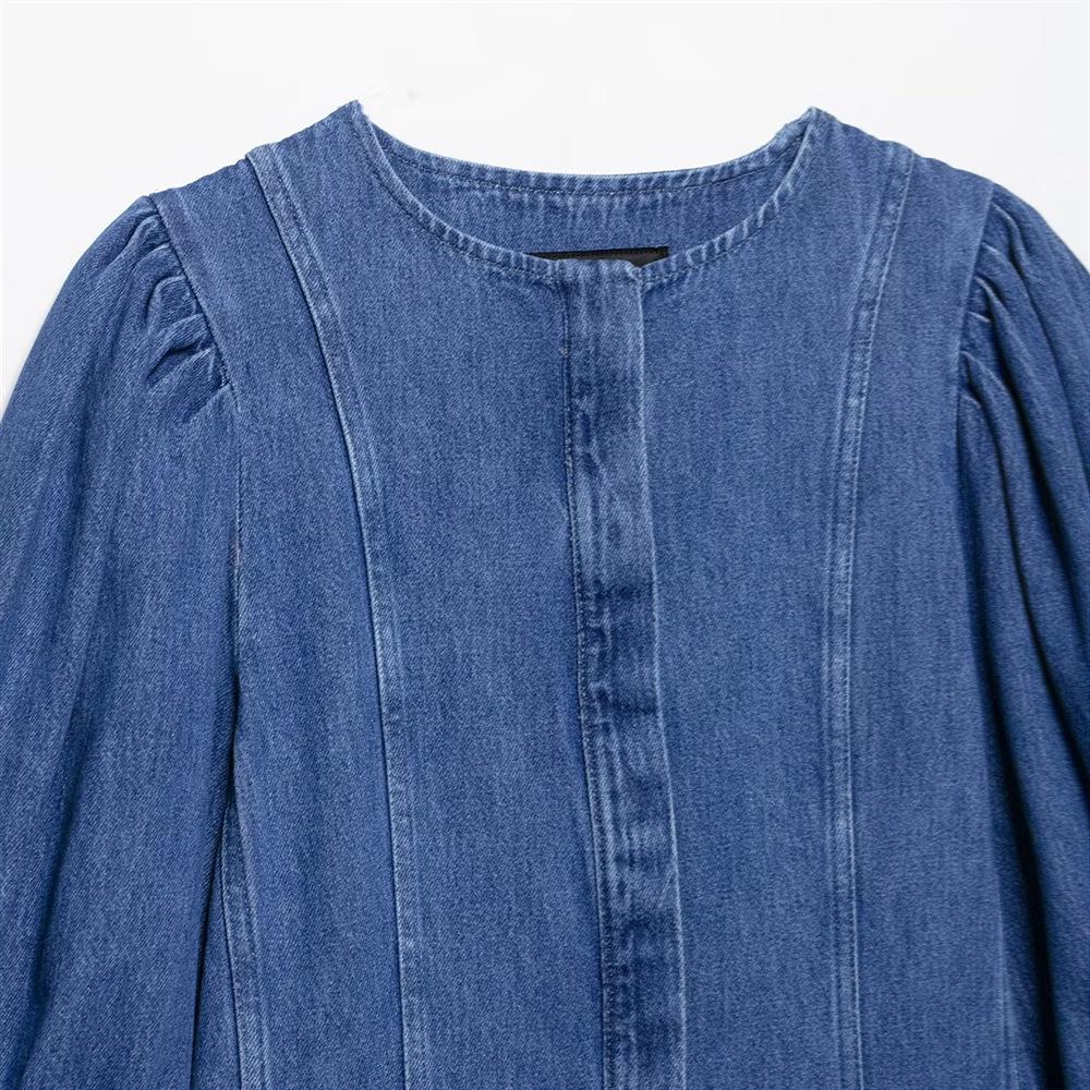 Spring/Summer 2025 Women's Elegant Round Neck Washed Denim Dress