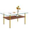Modern Coffee Table with Glass Top and MDF Shelf, Gold-Colored Metal Frame, Rectangular Sofa Table in Luxury Design, Wood Look-H45/W98/D58 cm