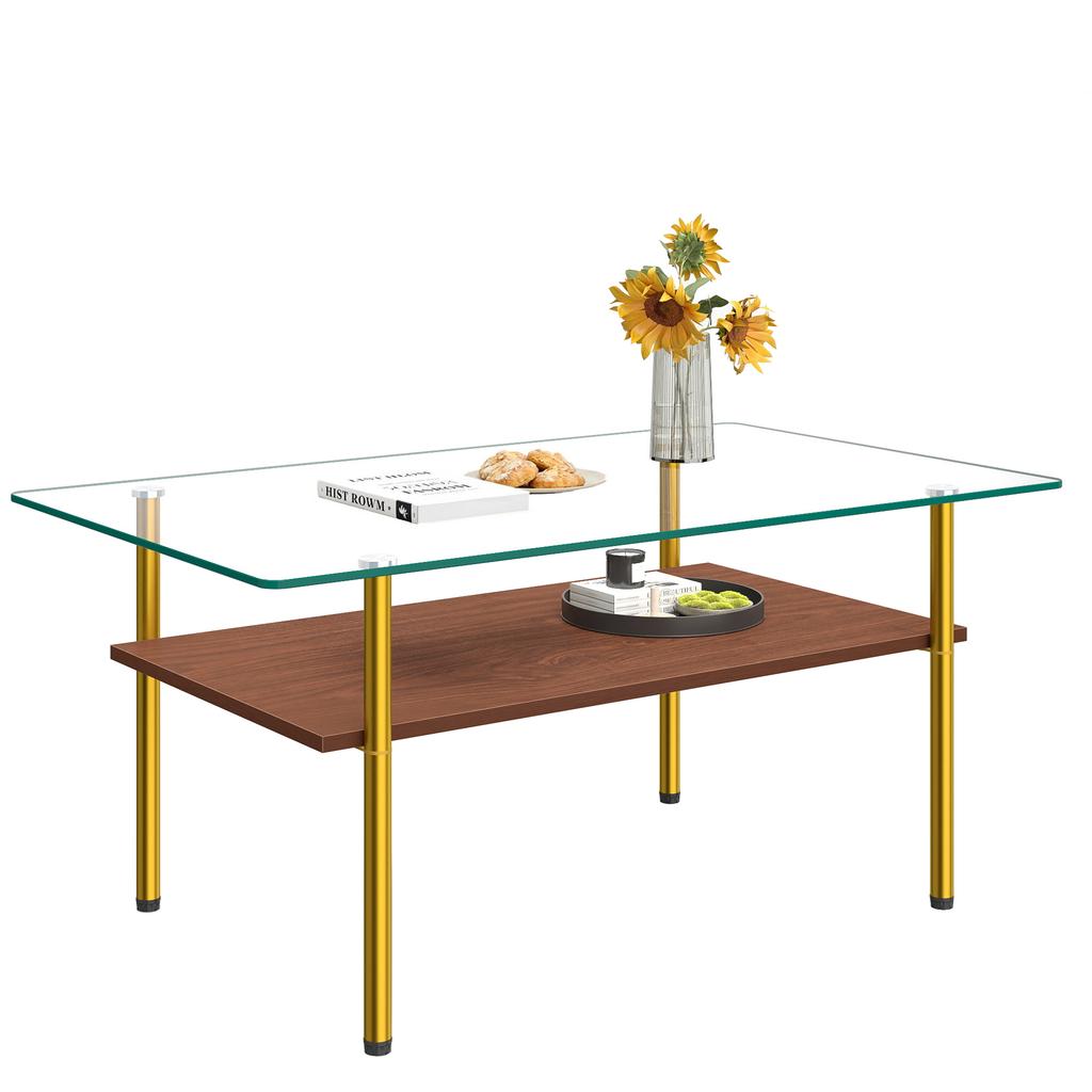 Modern Coffee Table with Glass Top and MDF Shelf, Gold-Colored Metal Frame, Rectangular Sofa Table in Luxury Design, Wood Look-H45/W98/D58 cm