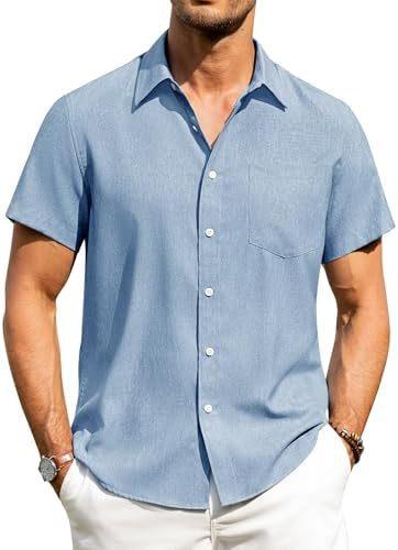 Alimens & Gentle Men's Linen Shirt Short Sleeve Button Up Shirt Wrinkle Free Casual Vacation Beach Summer