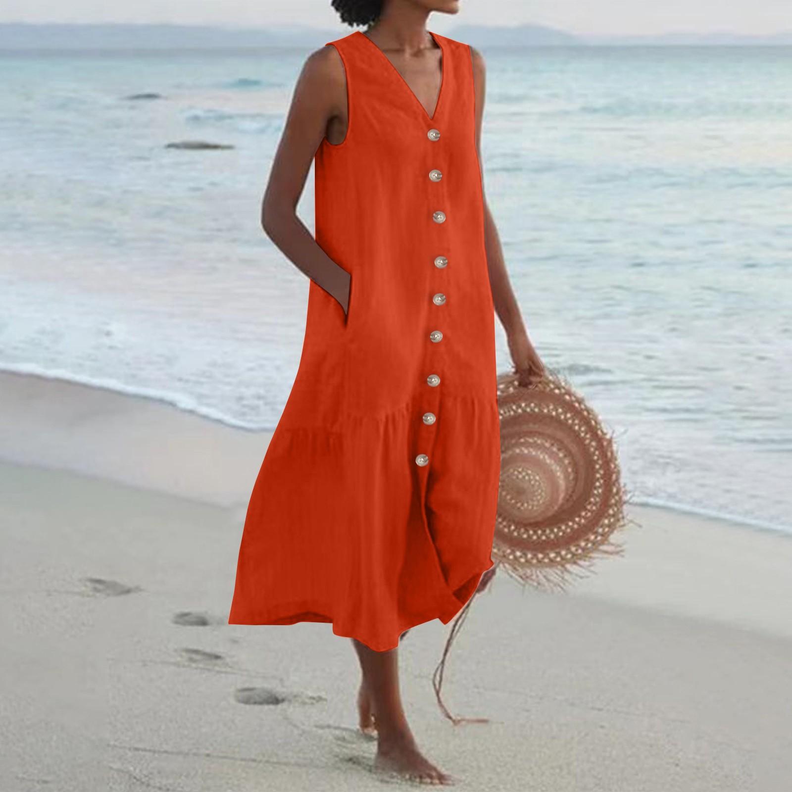 

Женское однотонное летнее платье без рукавов с v-образным вырезом на пуговицах, повседневное короткое платье с карманами и карманами XL оранжевый