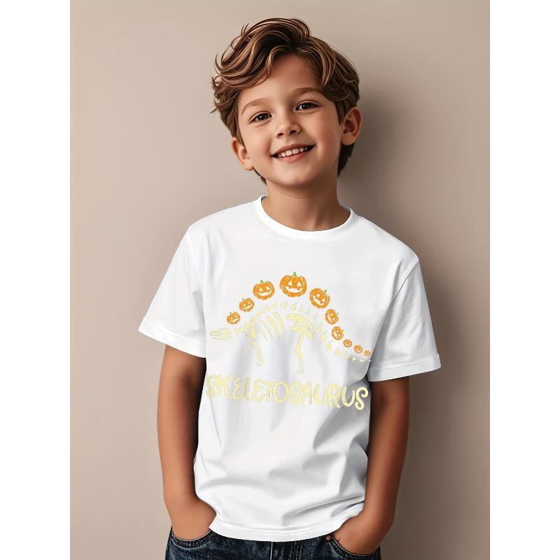 European sizes Stegosaurus Skeleton Dinosaur T-Shirt, Short Sleeve Dino Party Outfit, Casual Playwear, Top for Halloween 164cm белый