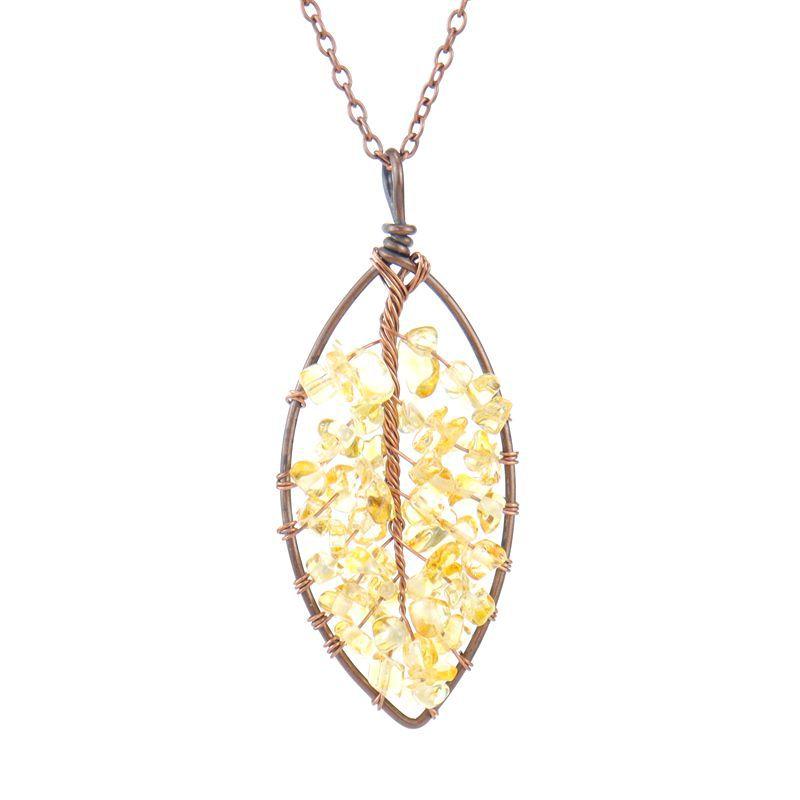 Handmade Winding Curved Leaves Natural Gravel Tree Of Life Crystal Lucky Tree Necklace N05