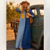 Vintage Americana Patchwork Denim Midi-Kleid Mit Taschen Knopfdetail Lockerer Schnitt