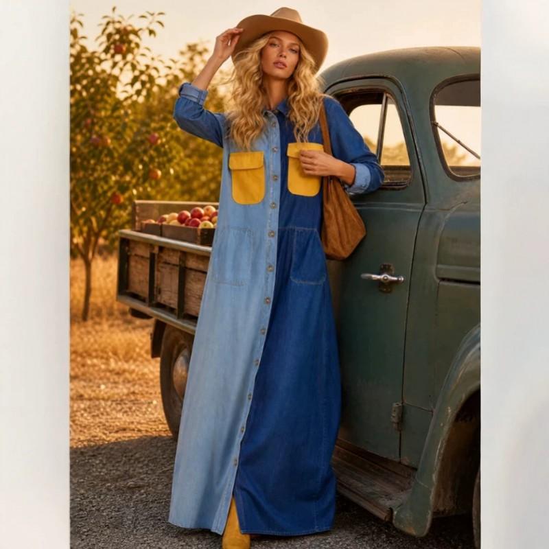 Vintage Americana Patchwork Denim Midi-Kleid Mit Taschen Knopfdetail Lockerer Schnitt