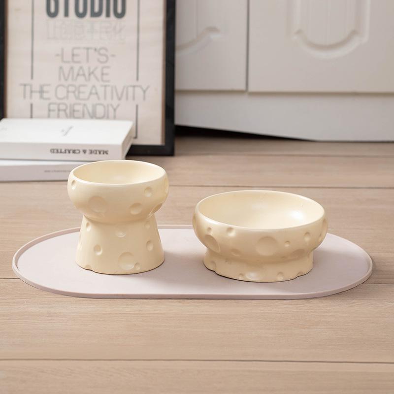 Cute Cheese Ceramic Elevated Pet Bowl Set 3Pcs, Cat Dog Food Water Bowl with Non-slip Mat