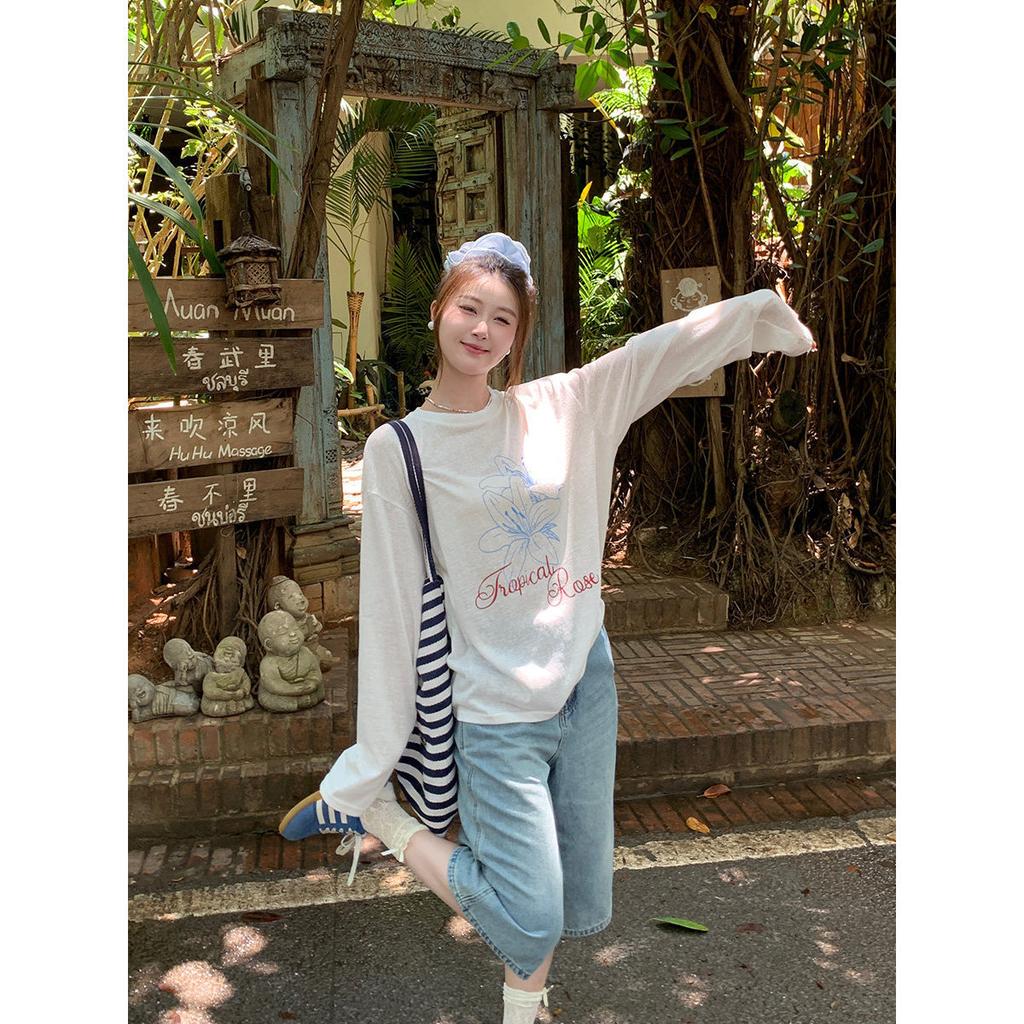 Snowflake cotton sunscreen blouse women's summer breathable loose and thin thin floral print long-sleeved T-shirt lazy top