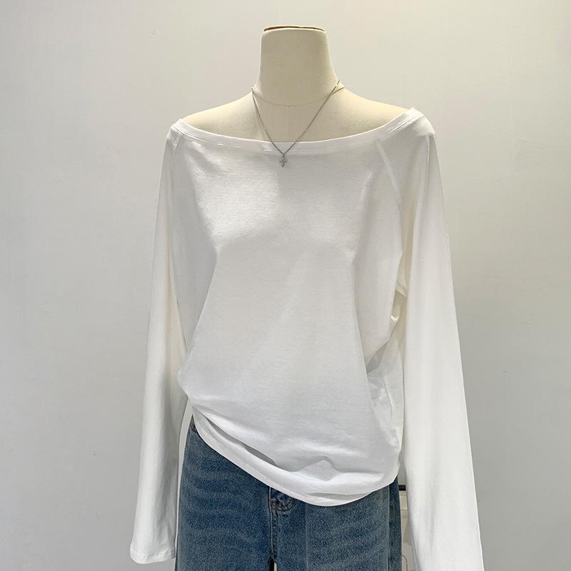 Women's Off-Shoulder Black Cotton Long-Sleeve T-Shirt, 2025 Spring/Autumn/Winter Collection