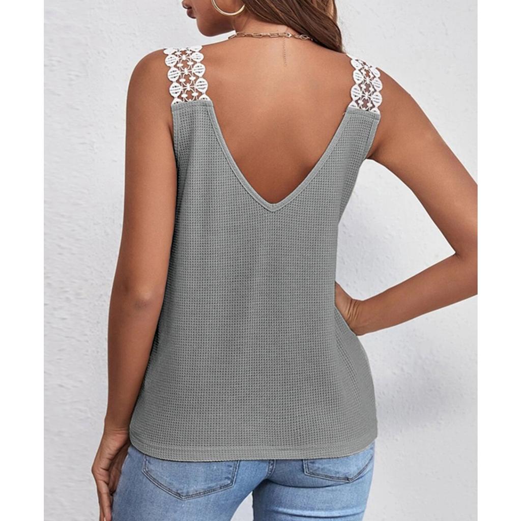 Women's New Solid Color Waffle Lace Splicing Casual Vest T-shirt Top For European American