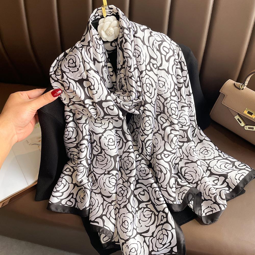 New silk scarf new silk satin printed shawl holiday fashion sunscreen long section simulation silk scarf