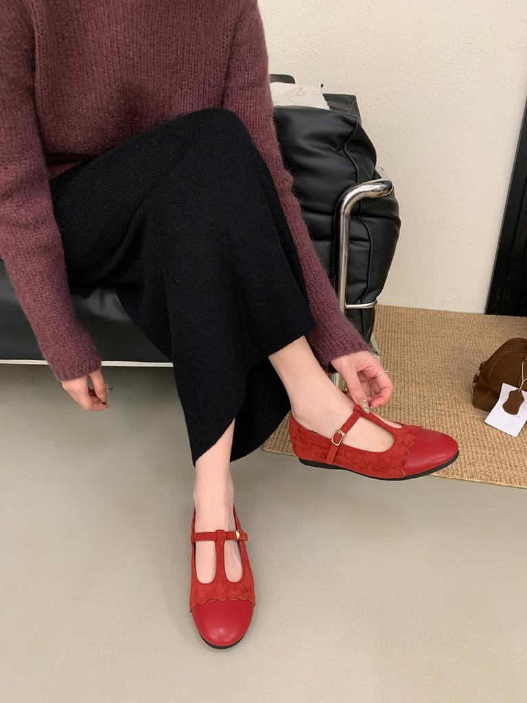 Mode Runde Zehen Damen Ballerinas Slipper Rot Schwarz Braun Mode Gürtelschnalle Slip-On Niedrig Absatz Gürtelschnalle Hohl Mode Kleiderschuhe 39