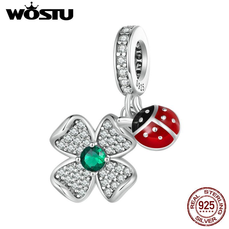 WOSTU 925 Sterlingsølv Lucky Firkløver Ladybug Charms Bee Beads Passer originalt armbånd DIY