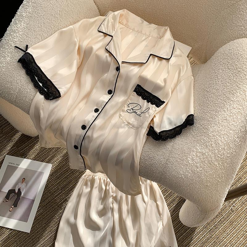 

Ice Silk Short-Sleeved Pajamas Two-Piece Set Girly Summer Thin Striped Minimalist Loungewear M