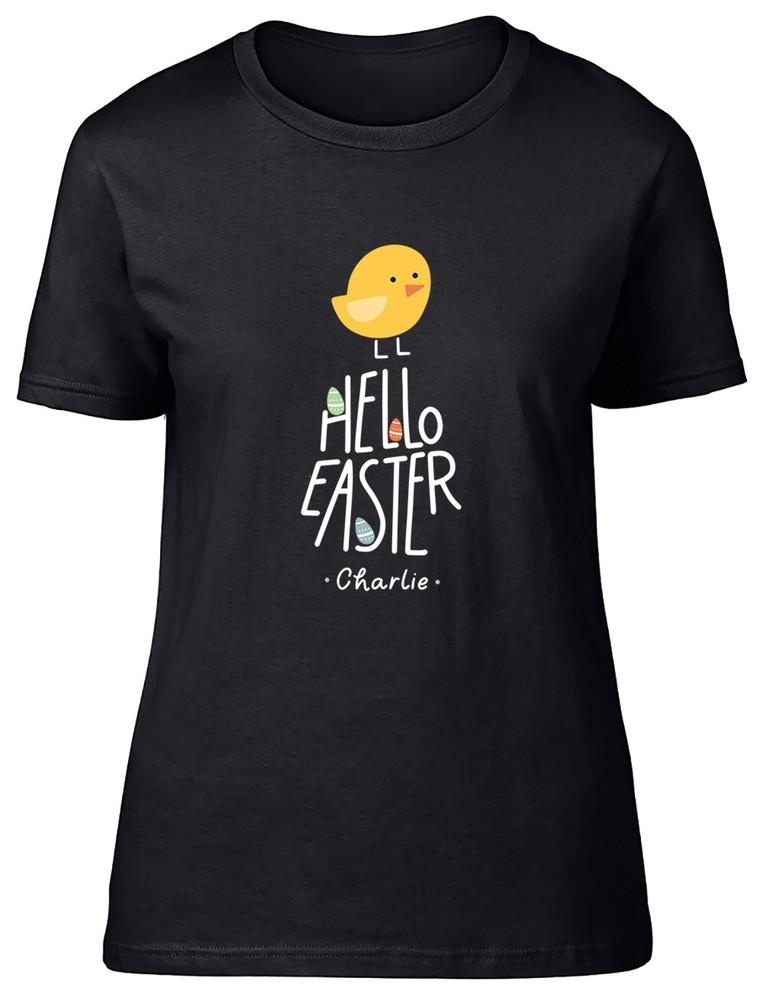 

Personalised Hello Easter Yellow Chick Easter Egg Womens T-Shirt Ladies Gift Tee XL